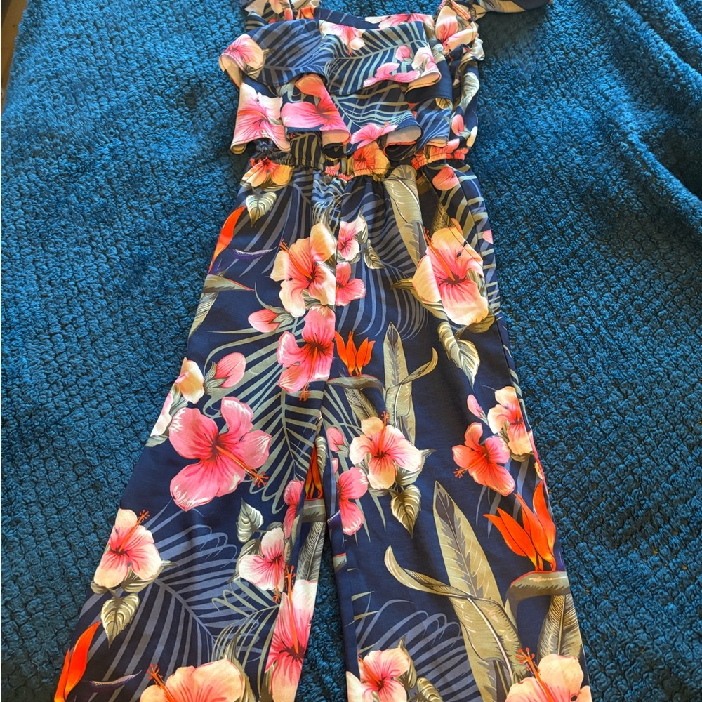 Girls Floral Print Jumpsuit - Navy and Pink